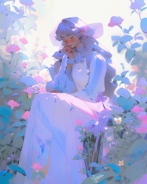schilderij van een vrouw die in een tuin van bloemen zit generatieve ai