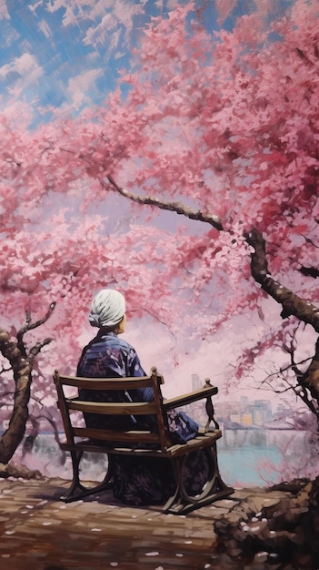 Foto schilderij van een vrouw die op een bankje in een park zit