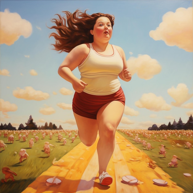 schilderij van een vrouw die op een gele weg loopt met een hemel achtergrond generatieve ai