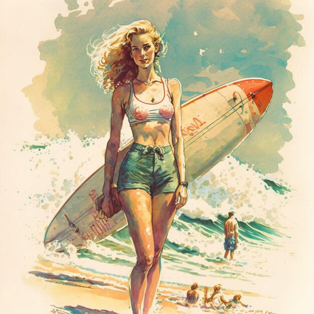 Schilderij van een vrouw die op het strand loopt met een generatieve ai surfplank
