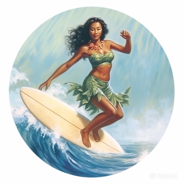 Schilderij van een vrouw in een bikini die surft op een surfplank generatieve ai