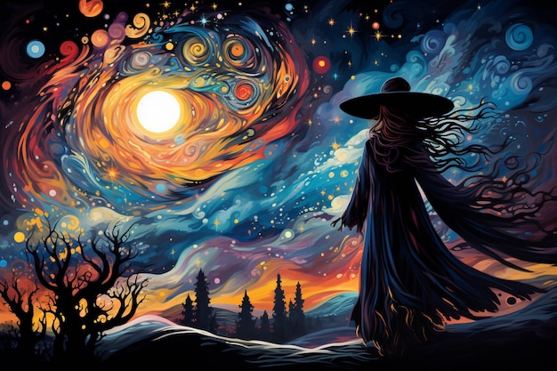 Foto schilderij van een vrouw in een lange jurk en hoed die naar de sterren kijkt generatieve ai