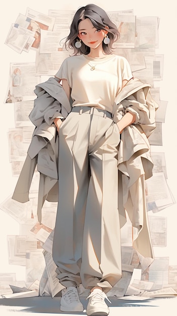 schilderij van een vrouw in een witte jurk en jas die voor een stapel papieren staat generatieve ai