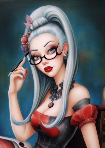 schilderij van een vrouw met een bril en een rode jurk die op een bank zit generatieve ai