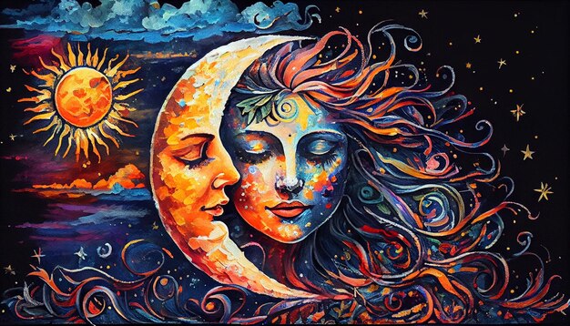 schilderij van een vrouw met een halve maan en zon in haar haar generatieve ai