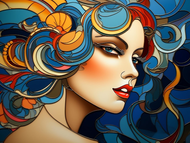 schilderij van een vrouw met een kleurrijk kapsel en een blauwe achtergrond generatieve ai