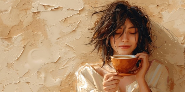 Schilderij van een vrouw met een kop koffie op een beige achtergrond