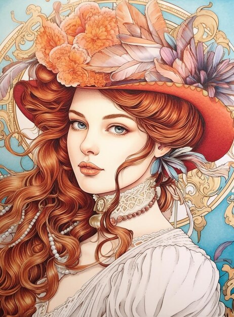 schilderij van een vrouw met een rode hoed en bloemen in haar haar generatieve ai