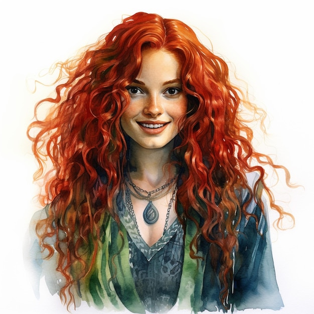 Foto schilderij van een vrouw met rood haar en een ketting glimlachende generatieve ai