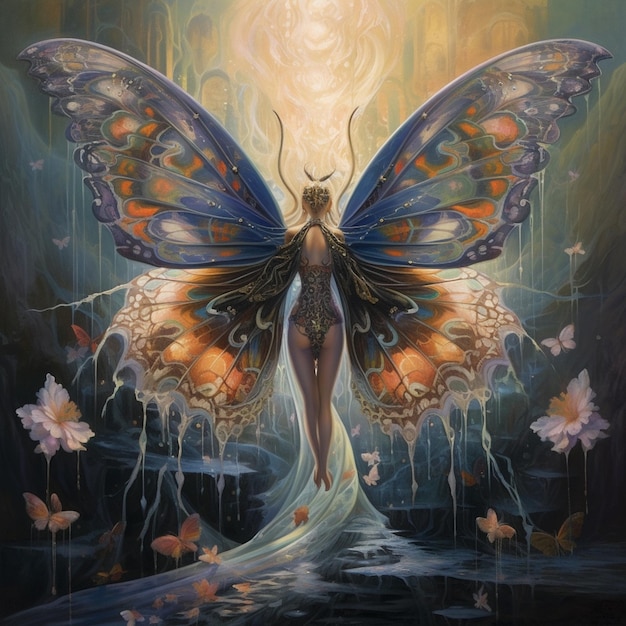schilderij van een vrouw met vlindervleugels en een watermassa generatieve ai
