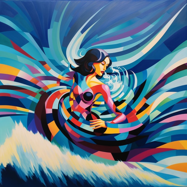 schilderij van een vrouw op een surfplank in een kleurrijke golf generatieve ai