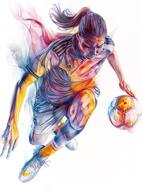 schilderij van een vrouwelijke voetballer met een bal in haar hand generatieve ai