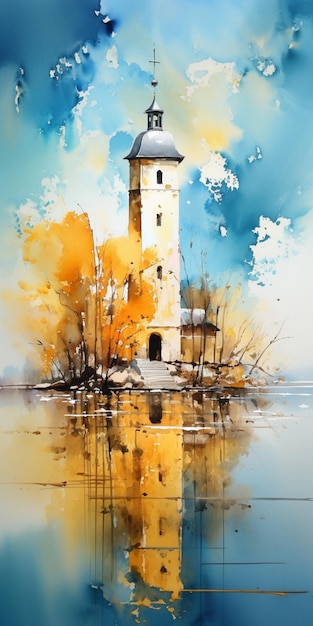 Schilderij van een vuurtoren met een kloktoren op een klein eiland generatief ai