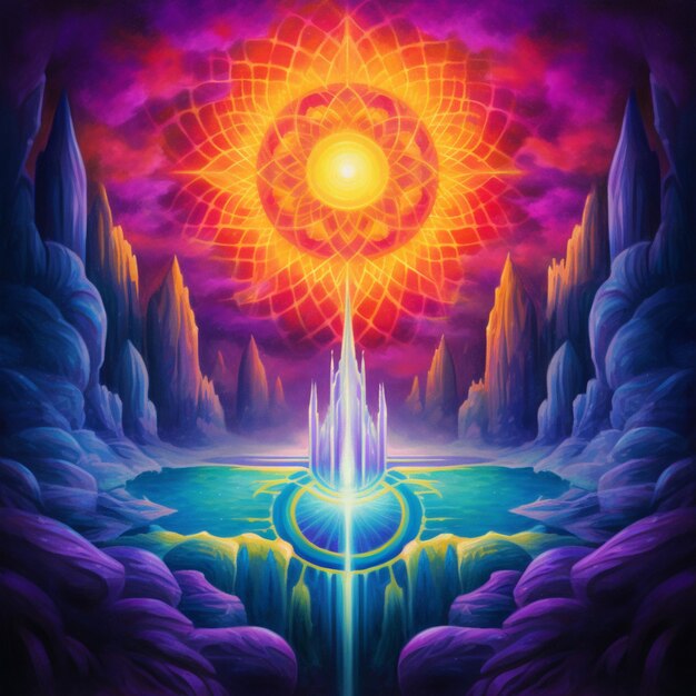 Schilderij van een waterval met een zon in het midden generatieve ai