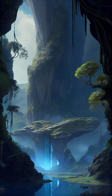 Schilderij van een waterval midden in een bos Generatieve Ai