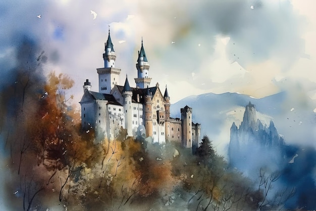 Schilderij van een waterverftekening van kasteel Neuschwanstein