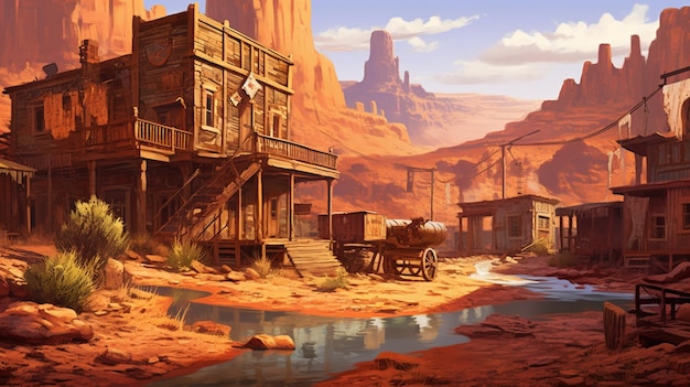 schilderij van een westerse stad met een paardenkoets in het midden van de woestijn generatieve ai