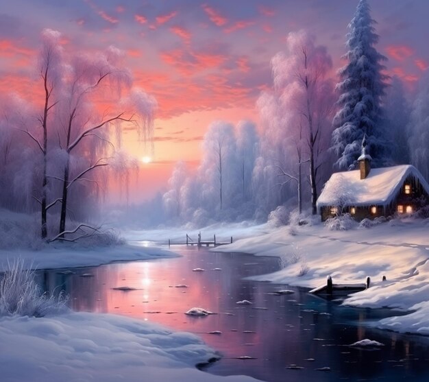 Foto schilderij van een winterscene met een hut en een rivier generatieve ai