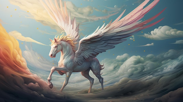 schilderij van een wit paard met vleugels die door een bewolkte hemel vliegen generatieve ai