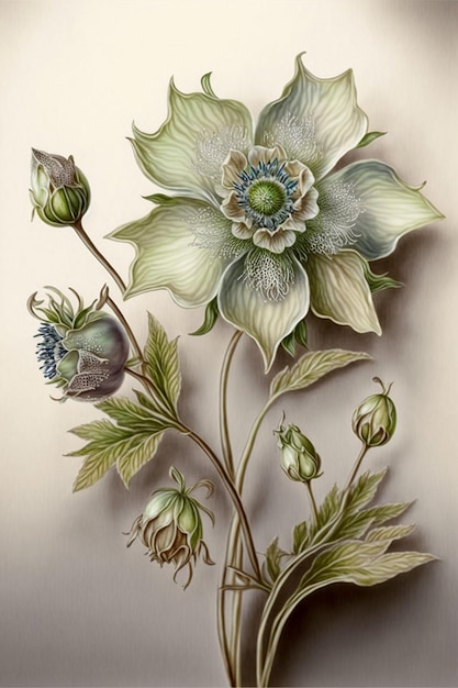 Schilderij van een witte bloem met groene bladeren generatieve ai