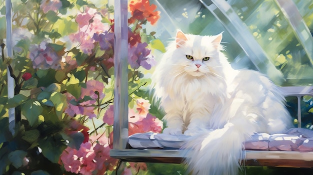 schilderij van een witte kat die op een vensterbank zit in een tuin generatieve ai