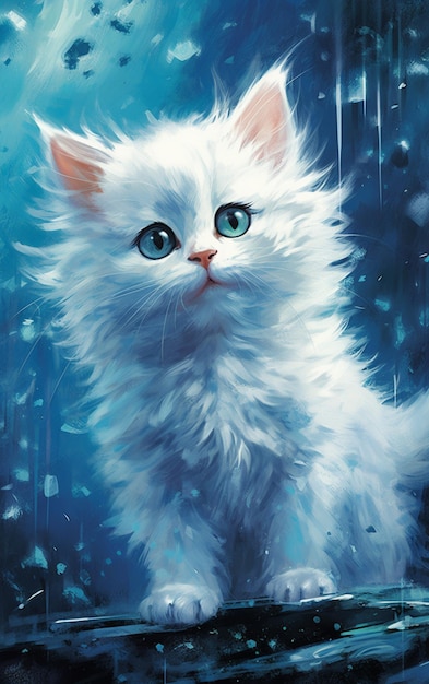 Schilderij van een witte kat met blauwe ogen zittend op een richel generatieve ai