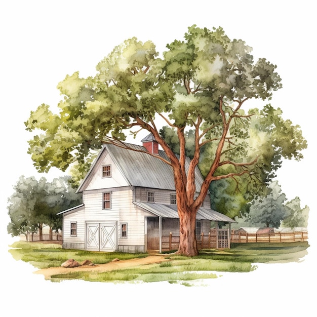 schilderij van een witte schuur met een boom en een hek generatieve ai