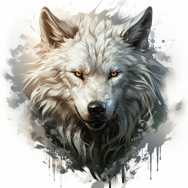 Schilderij van een witte wolf met oranje ogen en een spetterend gezicht generatieve ai