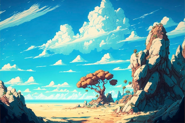 Schilderij van een woestijn met rotsen en bomen generatieve ai
