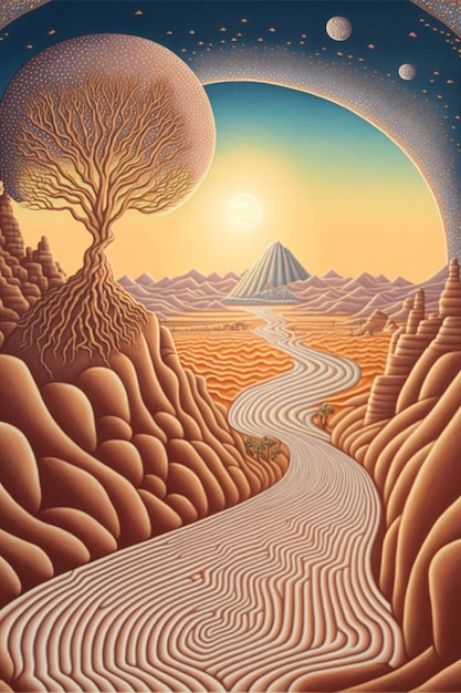 Schilderij van een woestijnlandschap met in de verte een berg generatieve ai