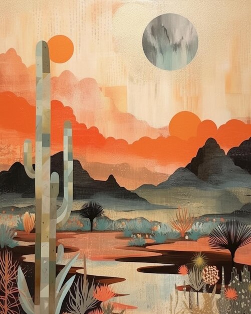 Schilderij van een woestijnscène met cactusbomen en een volle maan generatieve ai