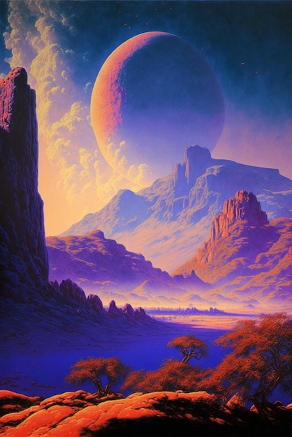 Schilderij van een woestijntafereel met een planeet in de verte generatieve ai