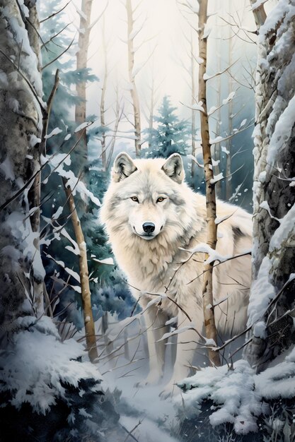 schilderij van een wolf in een besneeuwd bos met bomen en sneeuw generatieve ai