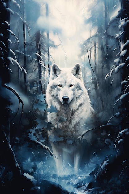 schilderij van een wolf in een besneeuwd bos met een stroom generatieve ai