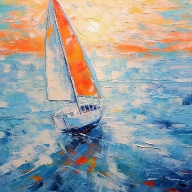 Schilderij van een zeilboot in de oceaan bij zonsondergang generatieve ai