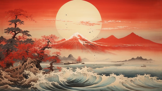 schilderij van een zonsondergang boven een berg en oceaan met een golf generatieve ai