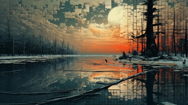 schilderij van een zonsondergang boven een meer met een boom en een gebouw generatieve ai