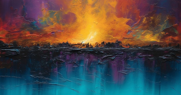Schilderij van een zonsondergang boven een meer met een boot in het water generatieve ai