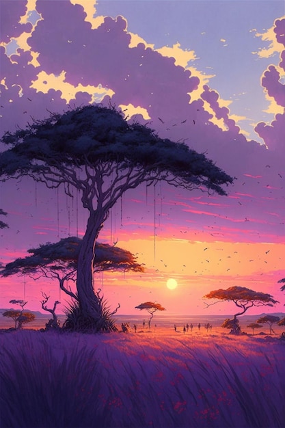 Schilderij van een zonsondergang met een boom op de voorgrond generatieve ai
