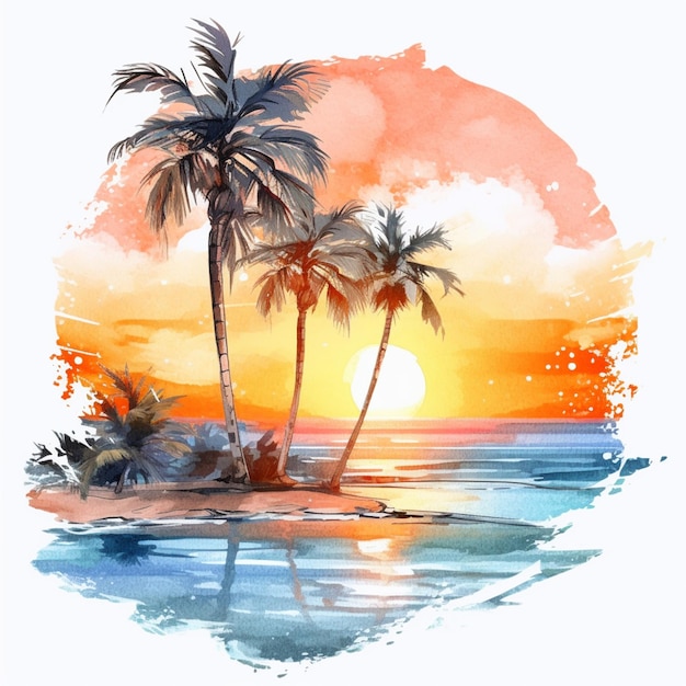 Schilderij van een zonsondergang met palmbomen en een strand generatieve ai