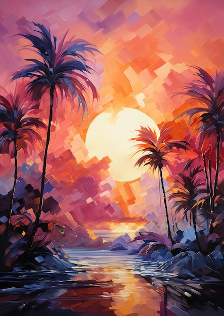 Schilderij van een zonsondergang met palmbomen en een watermassa generatieve ai