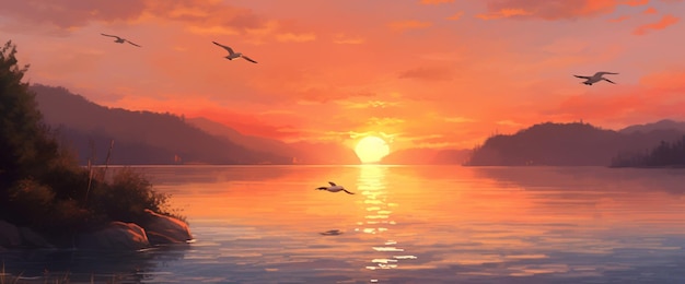 Schilderij van een zonsondergang met vogels die generatief over een meer vliegen