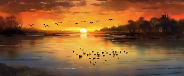 Schilderij van een zonsondergang met vogels die generatief over een meer vliegen