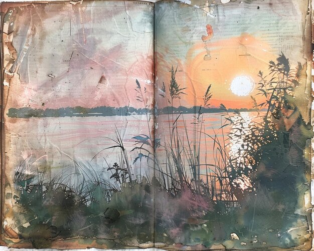 Foto schilderij van een zonsondergang over een meer met een boot in de verte generatieve ai
