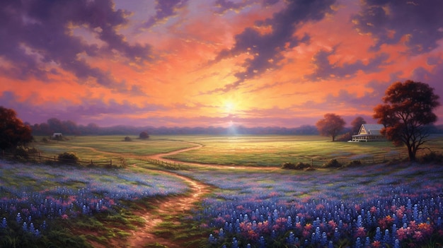 Schilderij van een zonsondergang over een veld van wilde bloemen met een pad dat leidt naar een huis generatief ai