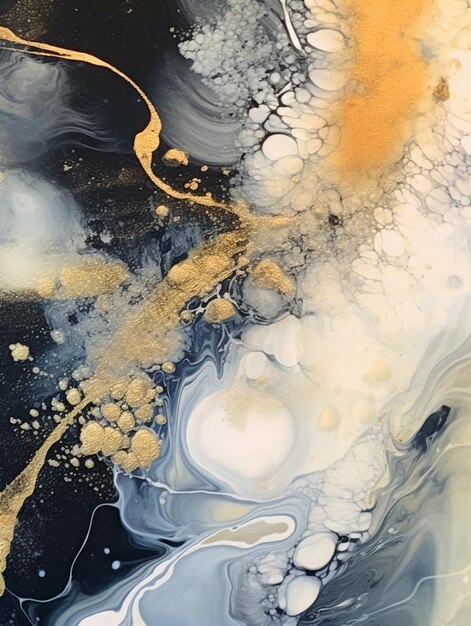 schilderij van een zwart-gouden abstracte schilderij met een witte en gele rand generatieve ai