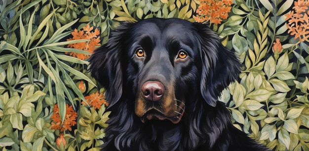 schilderij van een zwarte hond die in een veld van bloemen zit generatieve ai