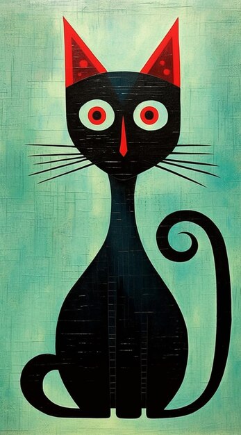 Foto schilderij van een zwarte kat met rode ogen en een staart generatieve ai