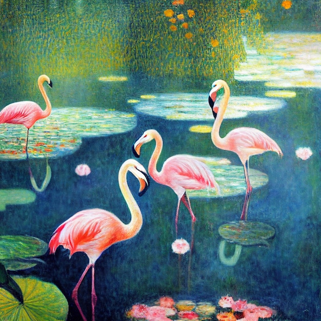 schilderij van flamingo's in een vijver van waterlillies met lelie pads generatieve ai.