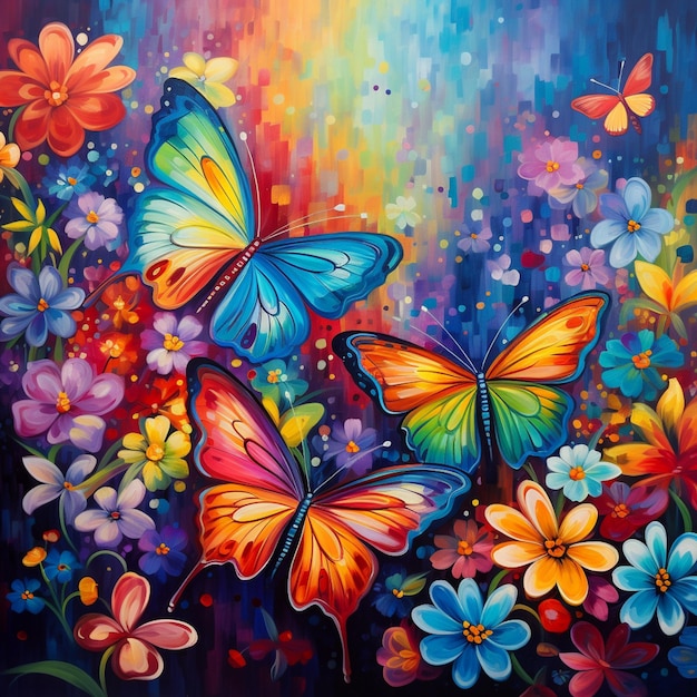 schilderij van kleurrijke vlinders in een veld van bloemen generatieve ai